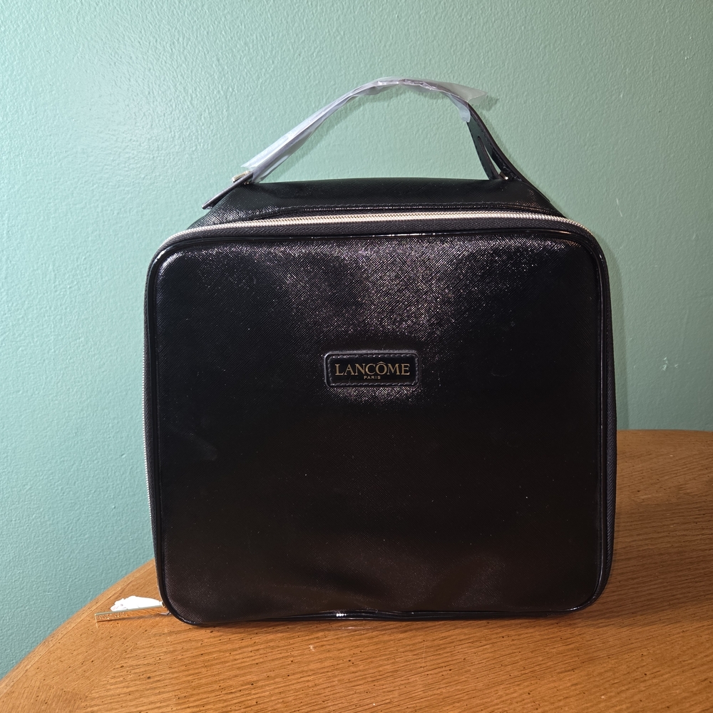 Lancome Paris Large Square Black Train Case Cosmetic Travel Bag Approx 11” x 11”